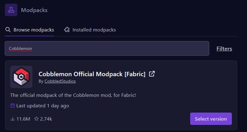 Het tabblad Modpacks met de zoekresultaten voor Cobblemon