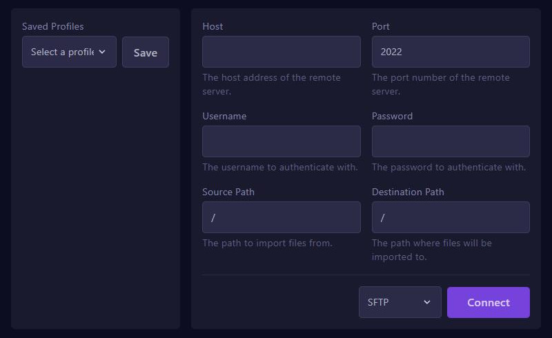 De Importer met de velden Host, Port, Username, Password, Source Path en Destination Path