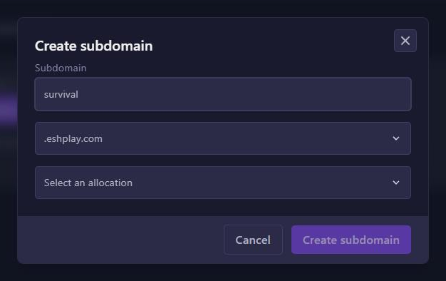 Het venster Create subdomain met de naam survival en het domein .eshplay.com