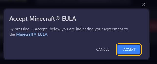 De melding Accept Minecraft EULA met de knop I Accept