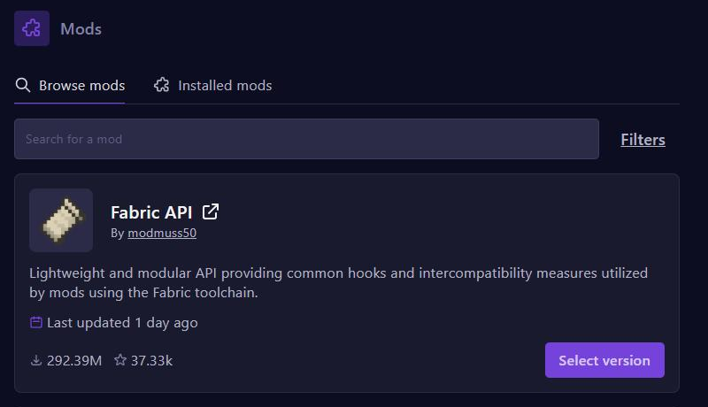 Het tabblad Mods met Fabric API in de zoekresultaten